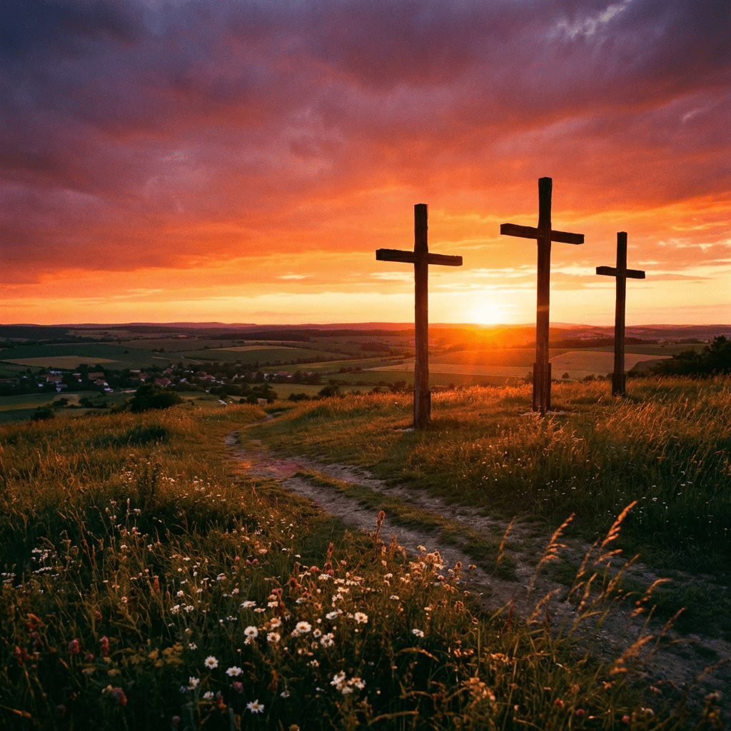 Three wooden crosses on a grassy hill silhouetted against a dramatic sunset sky.